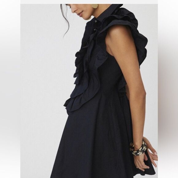 Maeve Anthropologie Button Front Ruffled Little Black Mini Dress Size 4 - Picture 2 of 13